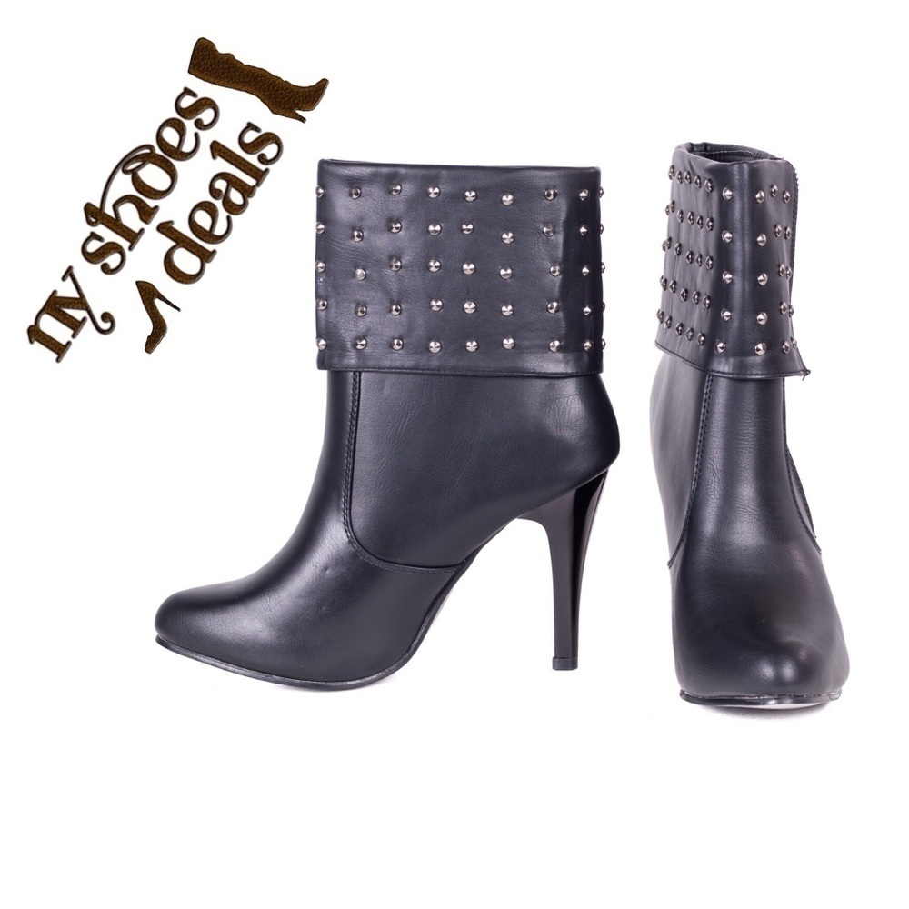 Women 10" Faux Leather Boots w/ Studs and Heel, NEW
